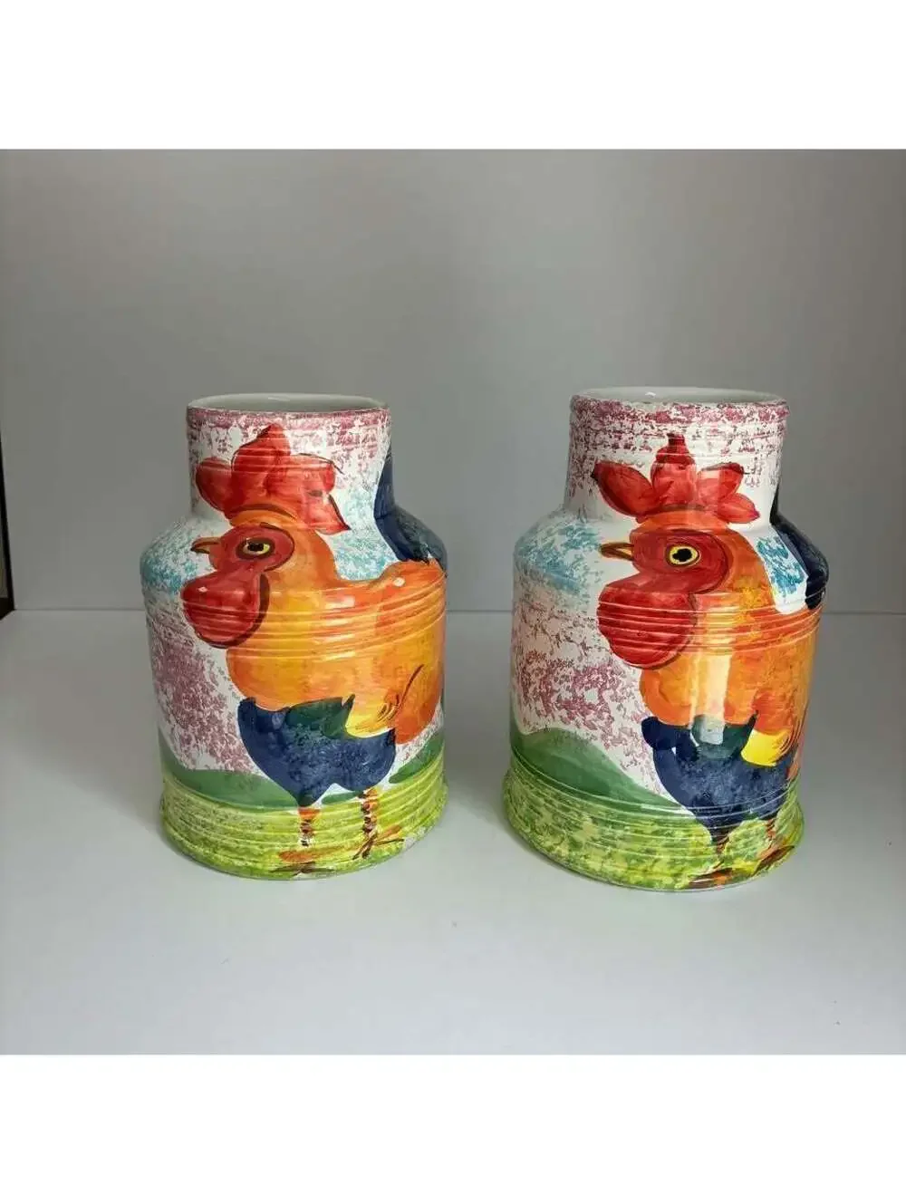 Vintage Bellini Piu Italy Rooster Ceramic Vases Pair Hand Painted 9.5”